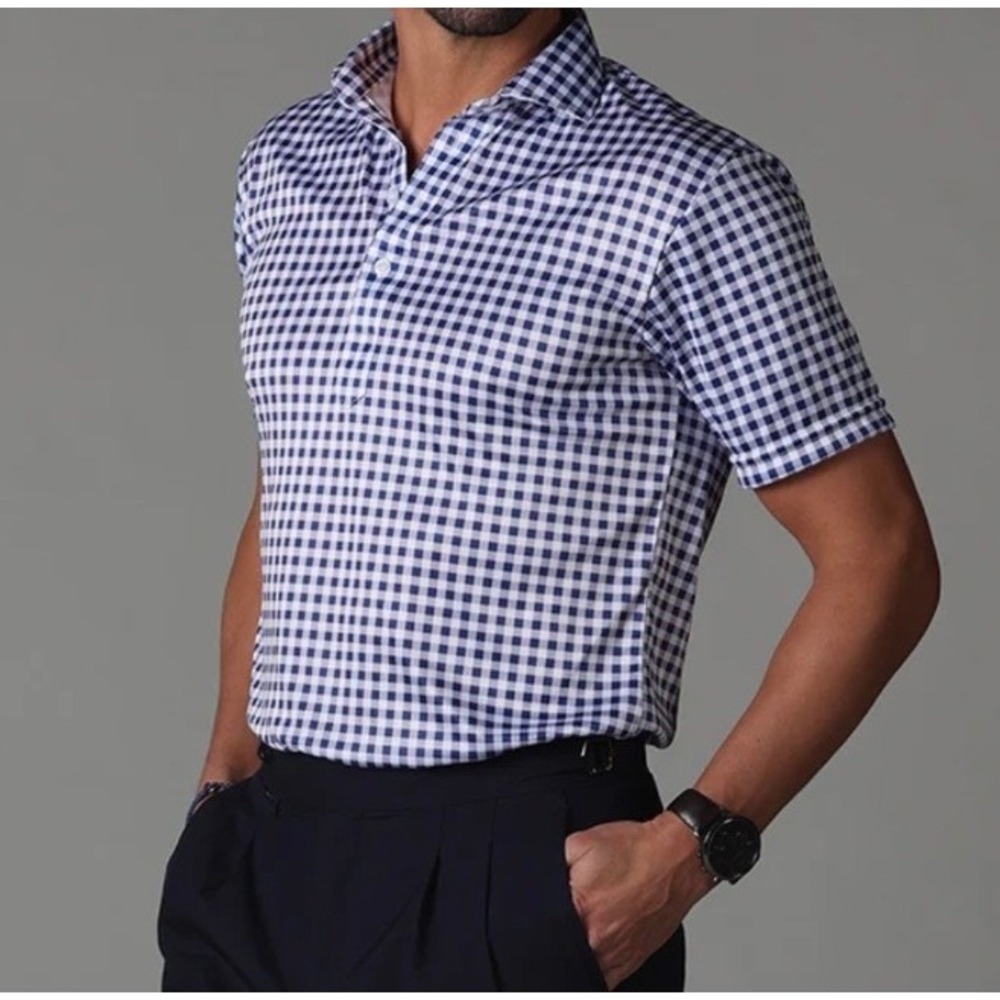 NWOT Collars & Co Semi Spread Col Polo Small Golf Moisture Wicking Navy‎ Gingham